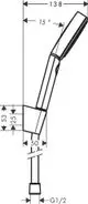 Hansgrohe Brausehalterset mit einem schlanken, schwenkbaren Design und einem integrierten Brauseschlauch, dargestellt in schematischer Zeichnung mit Maßangaben.